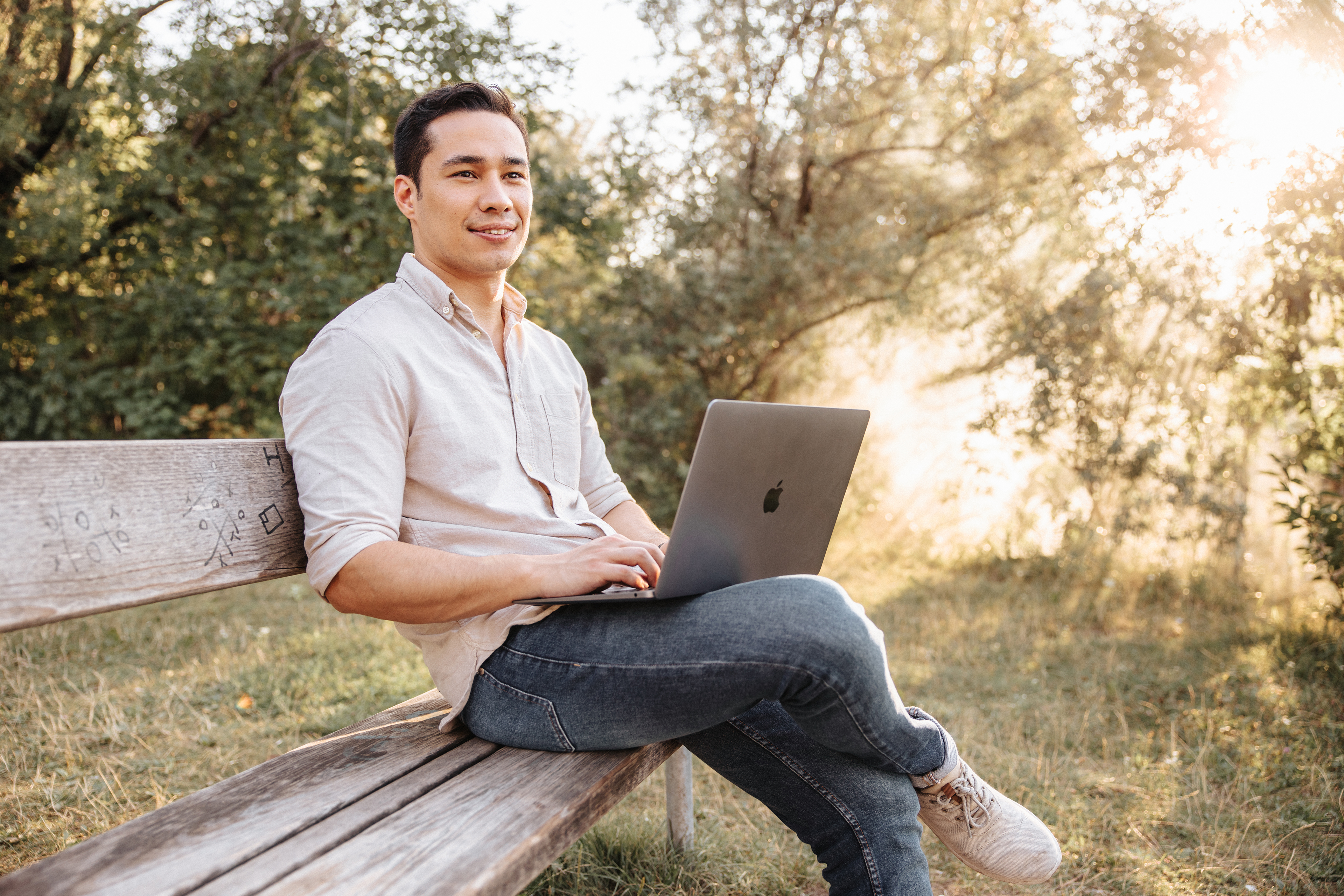 Nature view with work on laptop